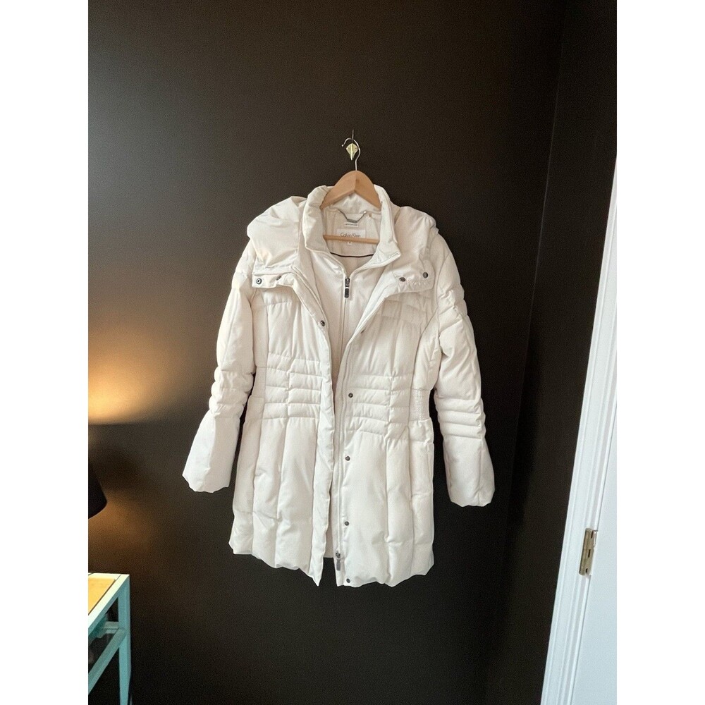 Calvin Klein Womens XL White Stretch Puffer Coat Long Hooded Winter Parka